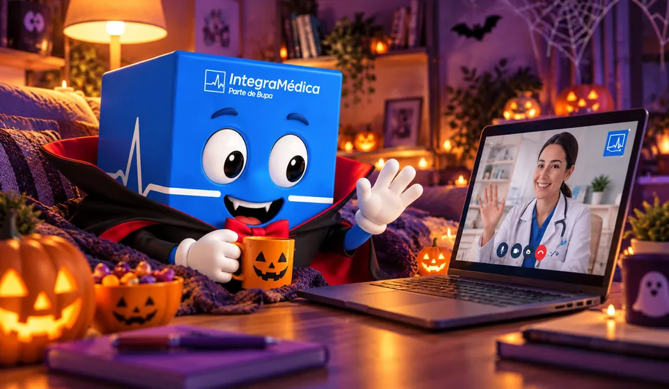 Mascota de IntegraMédica en una consulta virtual de Halloween