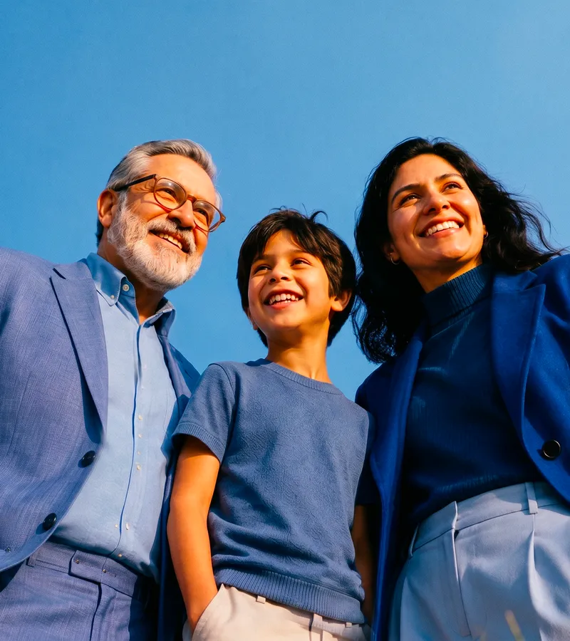 Familia de tres generaciones sonriendo al aire libre