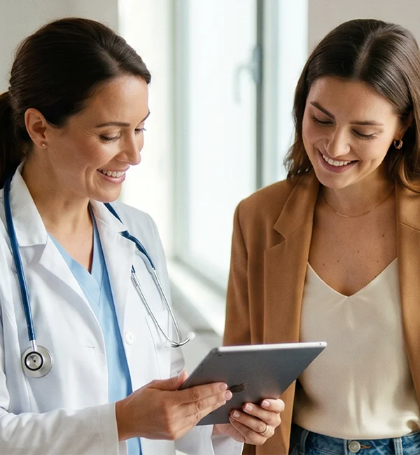 Profesional de la salud junto a una paciente revisando exámenes