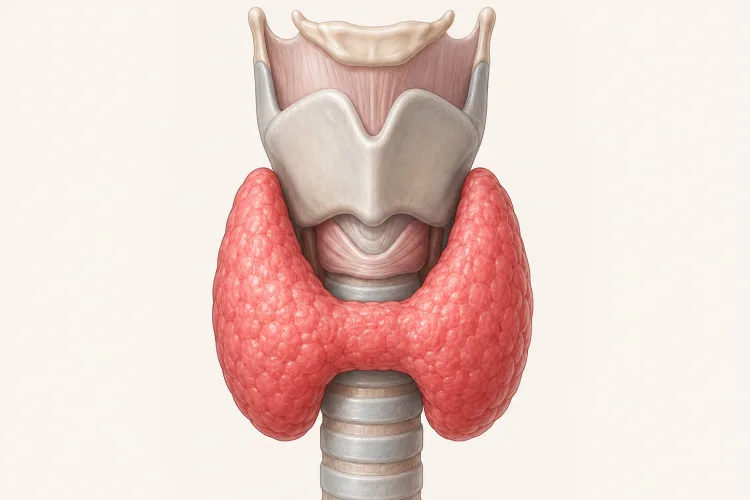 Ilustración de la glándula tiroides en la base del cuello